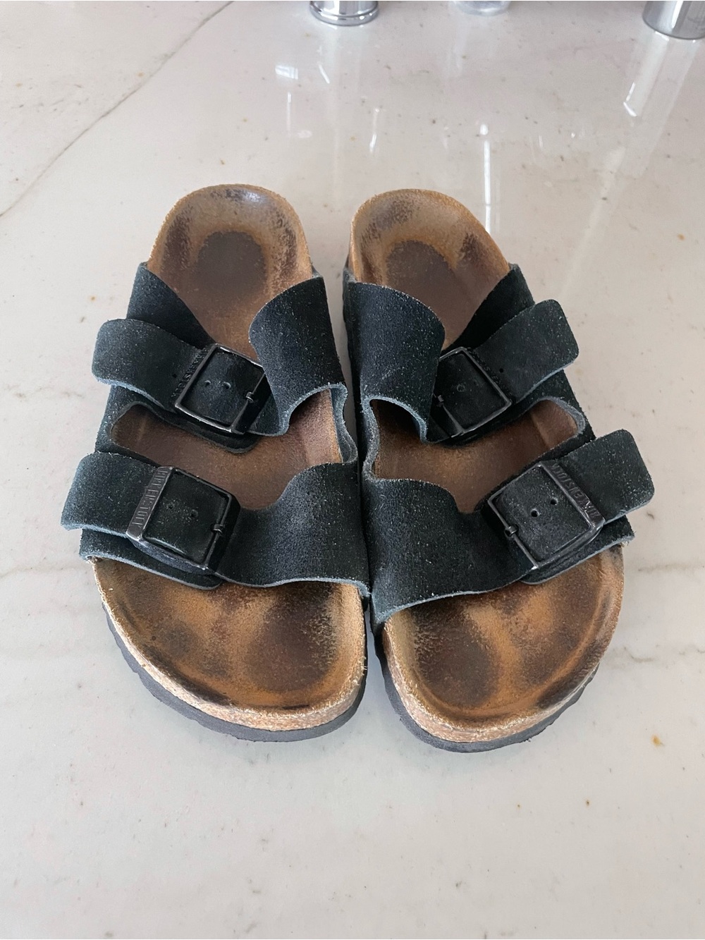 Birkenstock Arizona Black Suede leather Double Strap Sandal Narrow Size 39, 39n